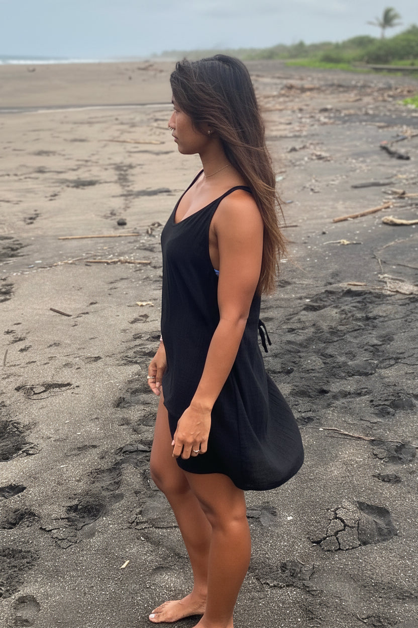 low back organic cotton muslin dress - black