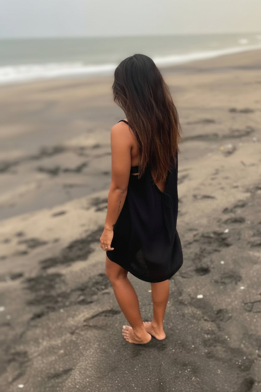 low back organic cotton muslin dress - black