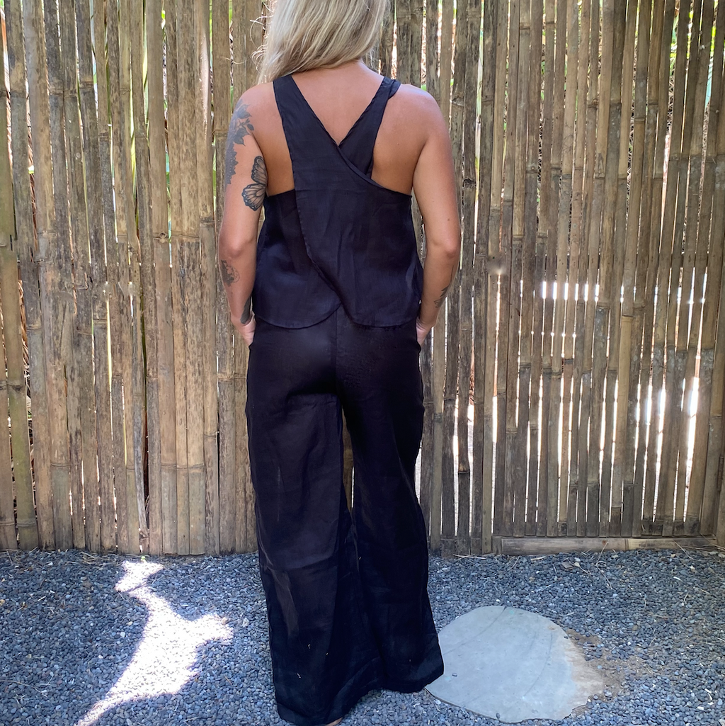 cross back linen top black