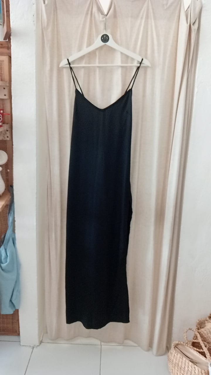 low back maxi dress -black eco satin-