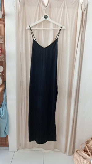 low back maxi dress -black eco satin-