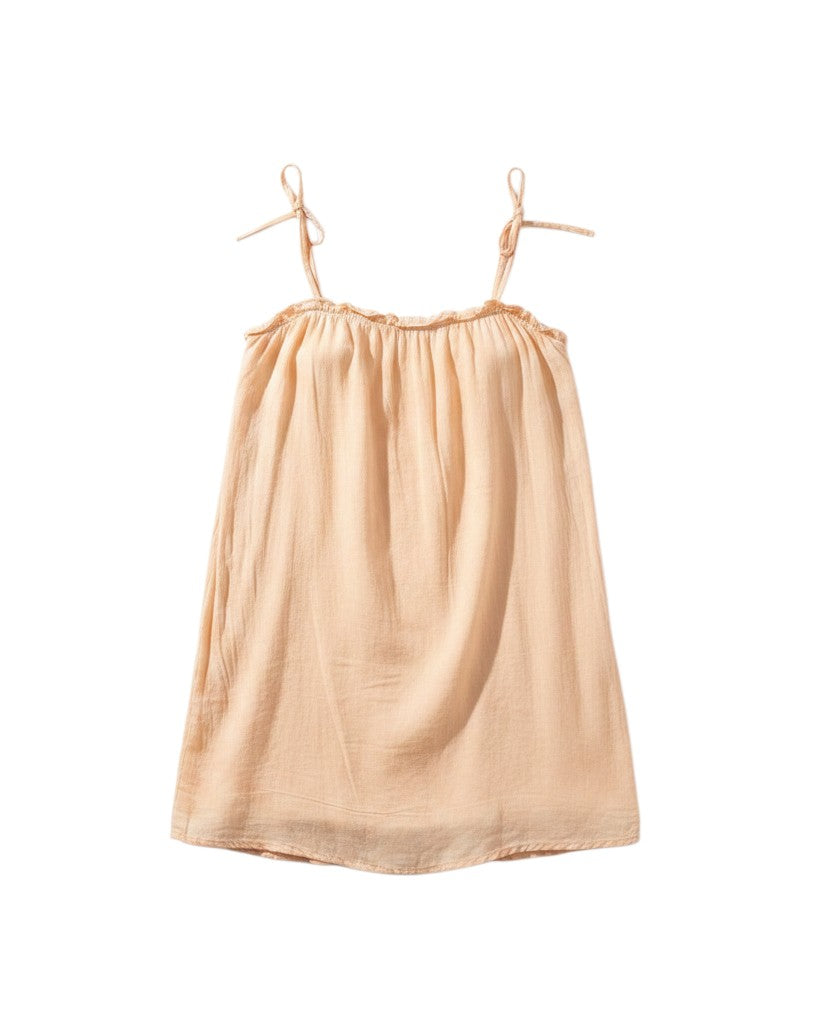 Flipflop and Treacle apricot eco rayon ruffle dress with shoulder tie details, light weight and floaty for summer.