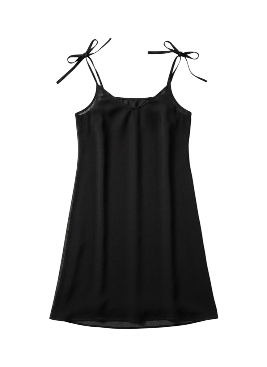 Flipflop and Treacle black eco rayon cami slip dress with tie shoulder straps, lightweight and floaty.