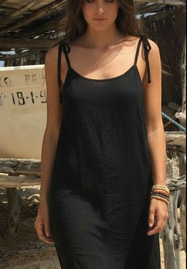 Flipflop and Treacle black eco rayon cami slip dress with shoulder tie details, lightweight and floaty.