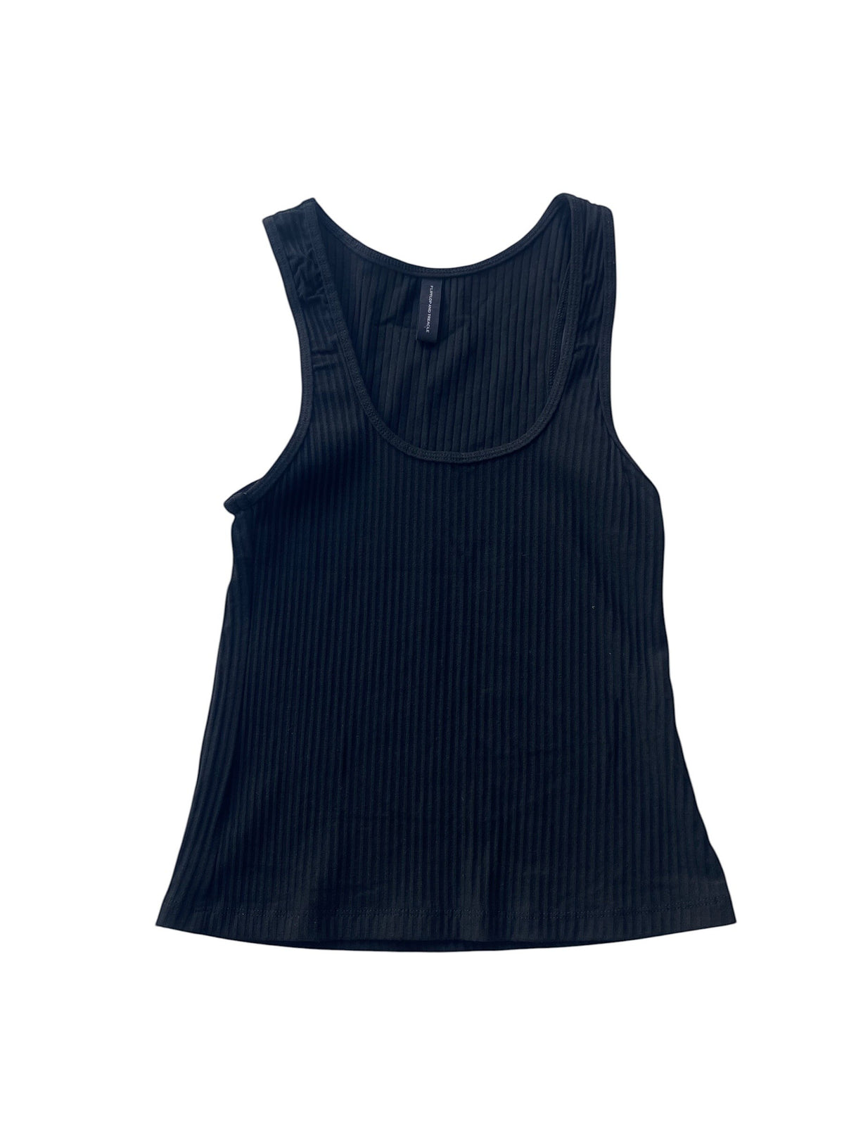 Flipflop and Treacle classic black ribbed tank top made from ecovera rib, a sustainable wood pulp material.