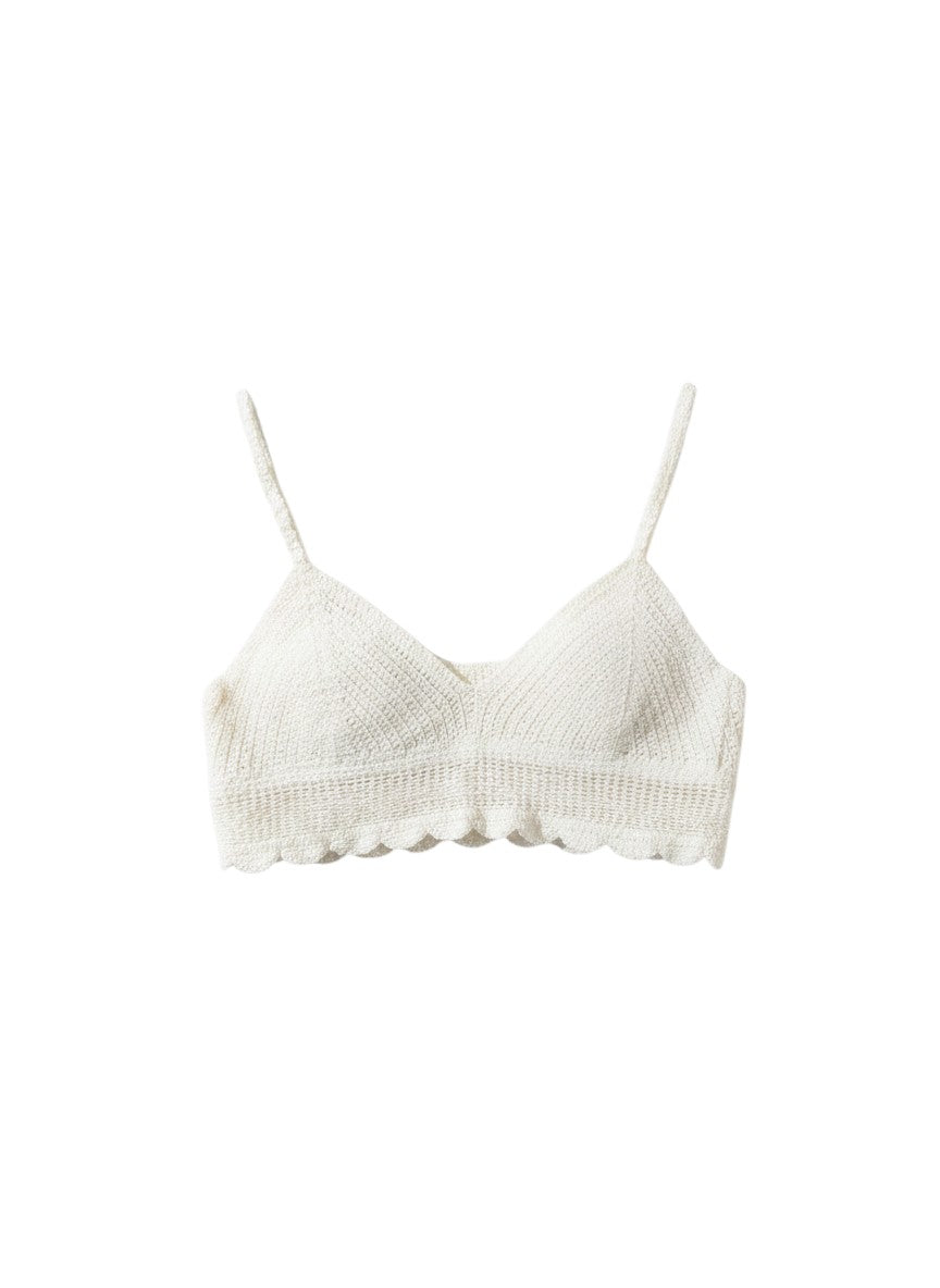 Flipflop and Treacle off-white crochet crop top with scalloped hem and adjustable straps. Cotton mix.