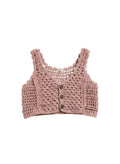 Flipflop and Treacle dusky pink crochet knit kids cropped vest with button front and scalloped edges.