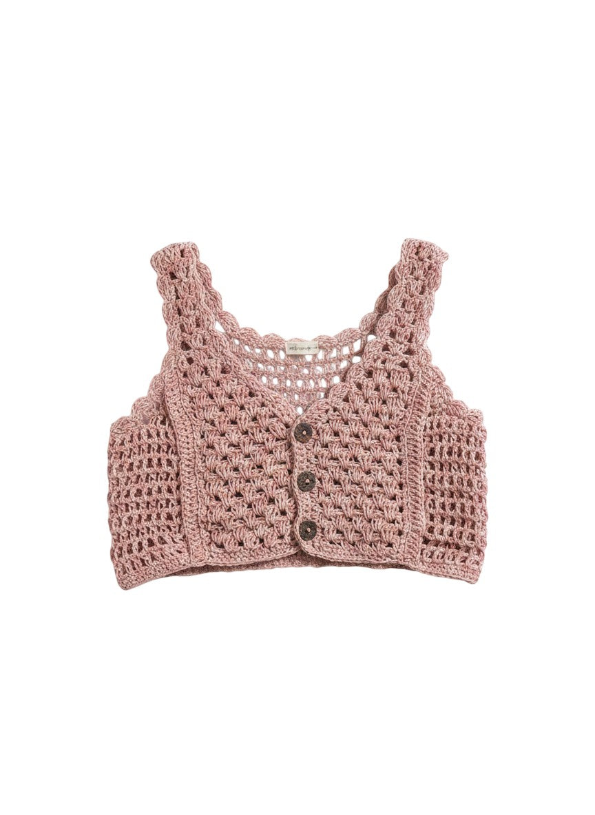 Flipflop and Treacle dusky pink crochet knit kids cropped vest with button front and scalloped edges.