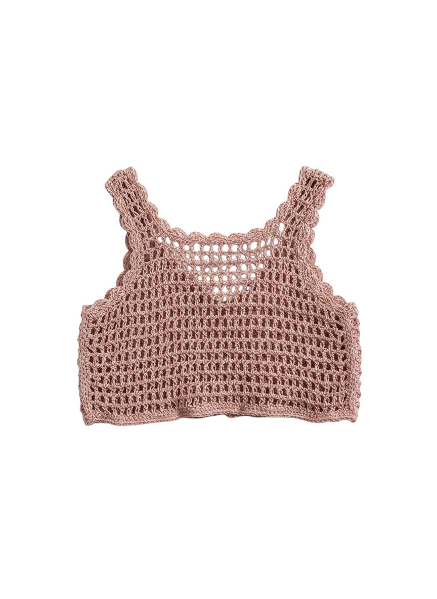 Flipflop and Treacle kids dusky pink crochet knit tank top with scalloped edges.