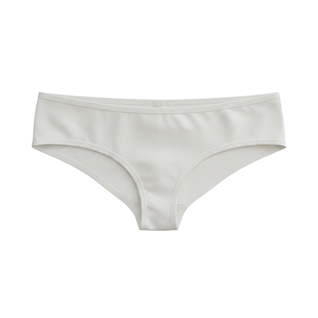 Flipflop and Treacle off-white organic cotton bikini briefs with a smooth, minimalist design.