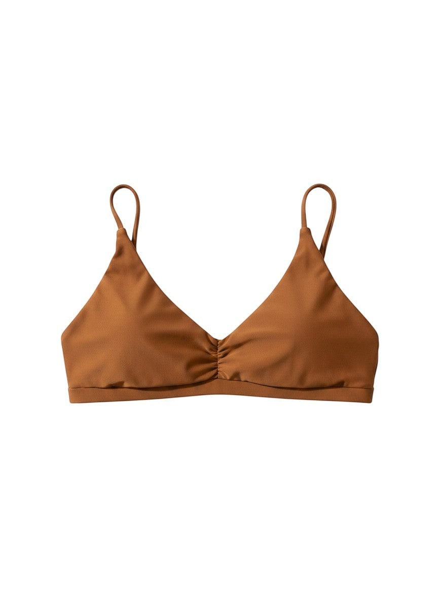 Flipflop and Treacle tabacco brown ruched bikini top with thin straps, made from recycled fabric.