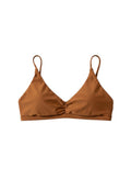 Flipflop and Treacle tabacco brown ruched bikini top with thin straps, made from recycled fabric.