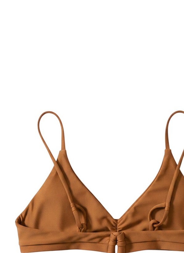 Flipflop and Treacle tabacco brown ruched front bikini top with adjustable straps and tie detail. Made from recycled fabric.