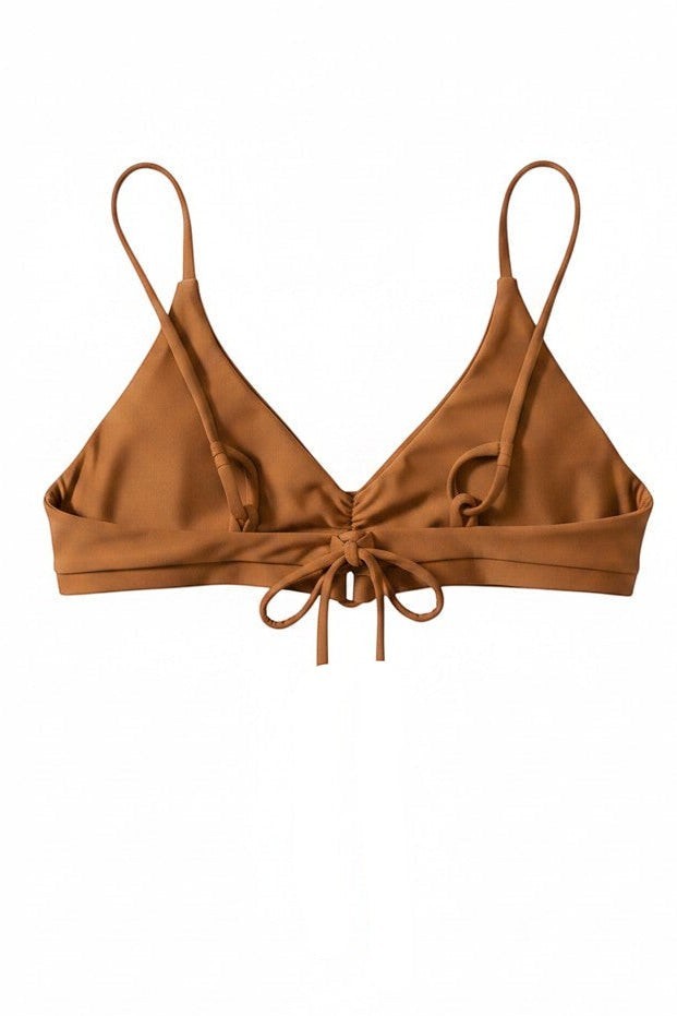 Flipflop and Treacle tabacco brown recycled fabric bikini top with adjustable straps and tie detail.