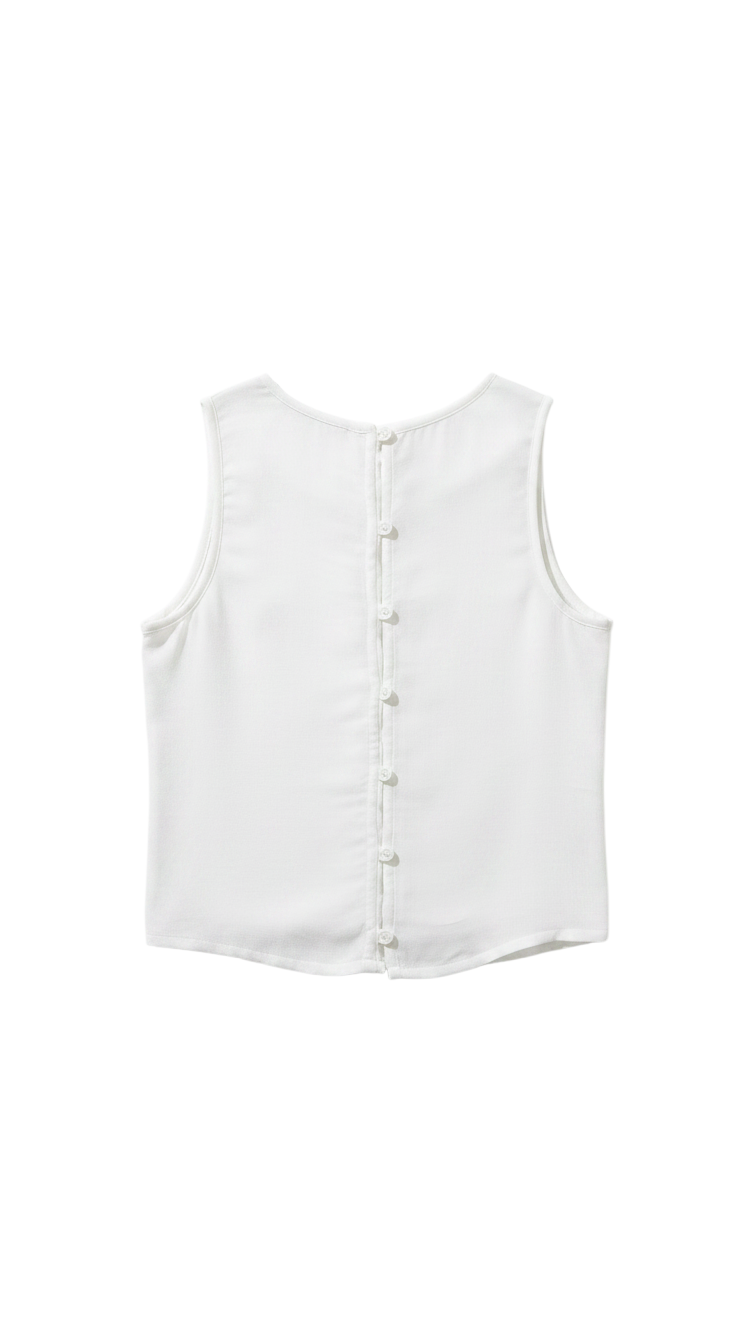 Flipflop and Treacle white sleeveless eco rayon top with high neck and button back detailing